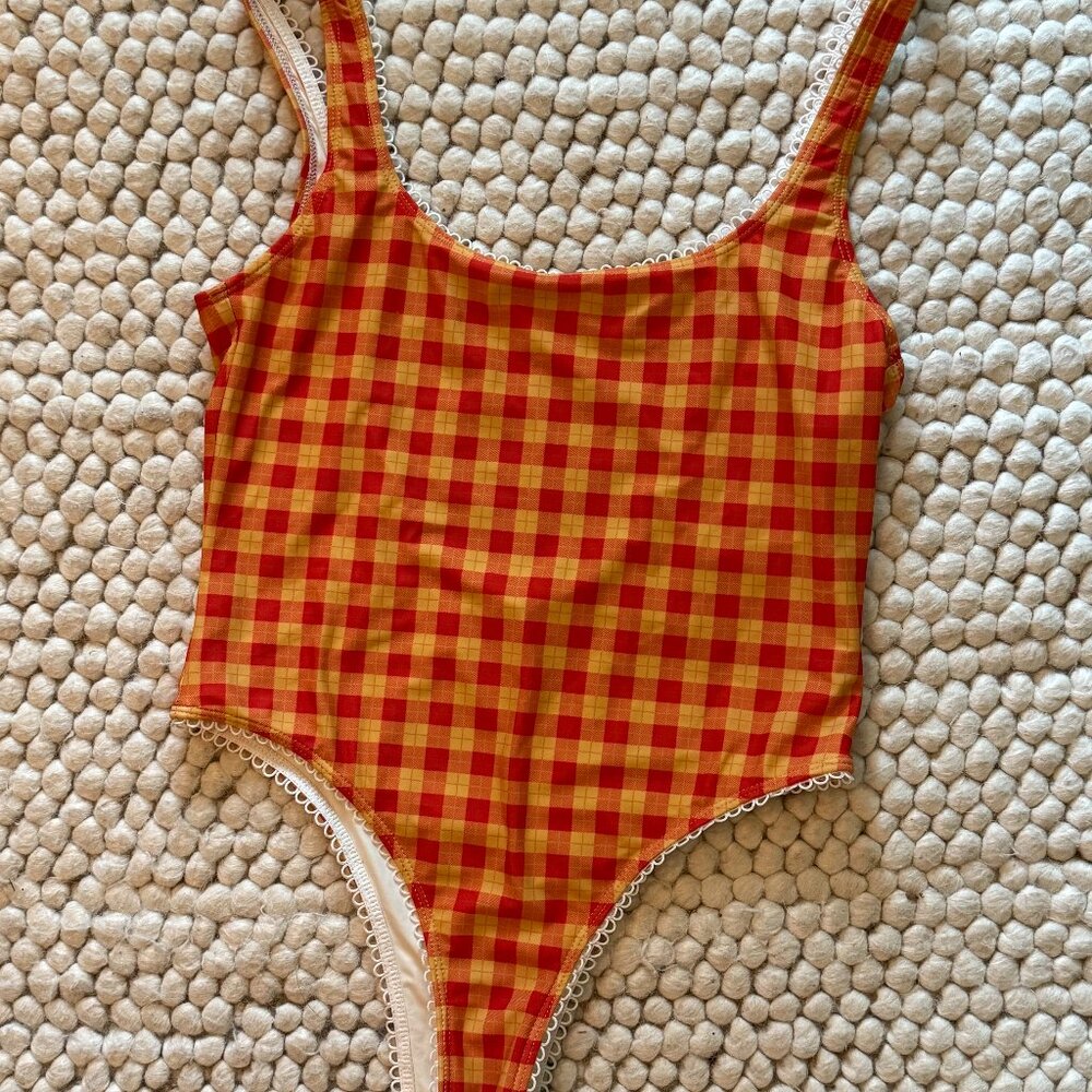 Oddli Clothing, One Piece Swimsuit in Red Orange Plaid - Size Small